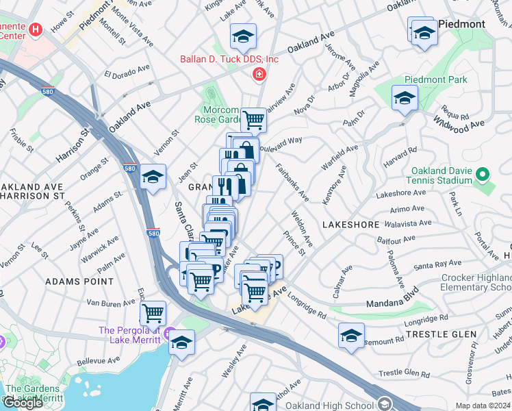 map of restaurants, bars, coffee shops, grocery stores, and more near 859 Vermont Street in Oakland