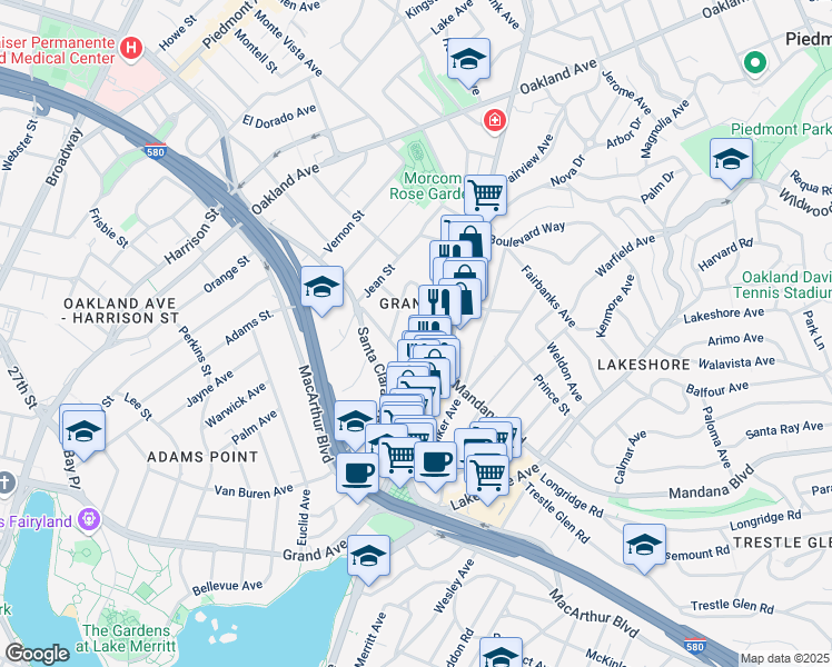 map of restaurants, bars, coffee shops, grocery stores, and more near 521 Valle Vista Avenue in Oakland