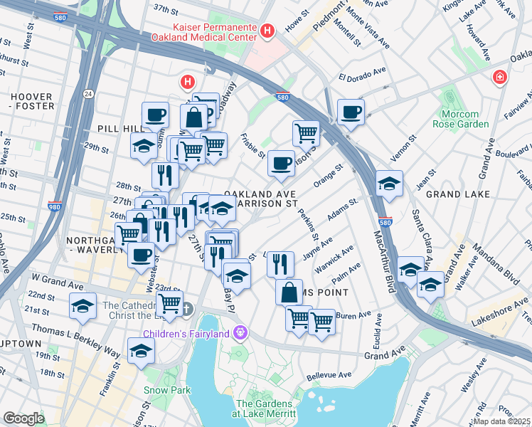 map of restaurants, bars, coffee shops, grocery stores, and more near in Oakland