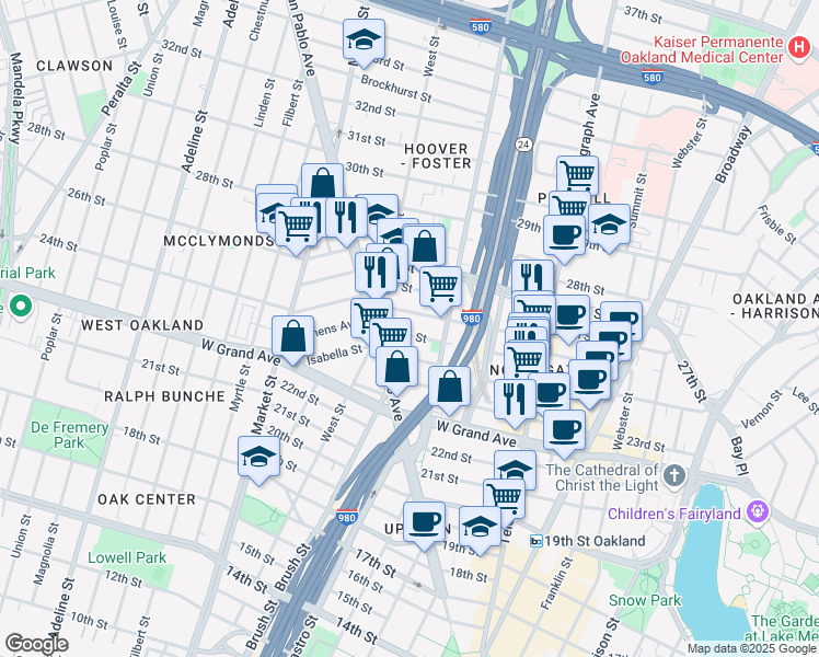 map of restaurants, bars, coffee shops, grocery stores, and more near 715 25th Street in Oakland