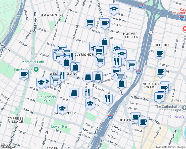map of restaurants, bars, coffee shops, grocery stores, and more near in Oakland