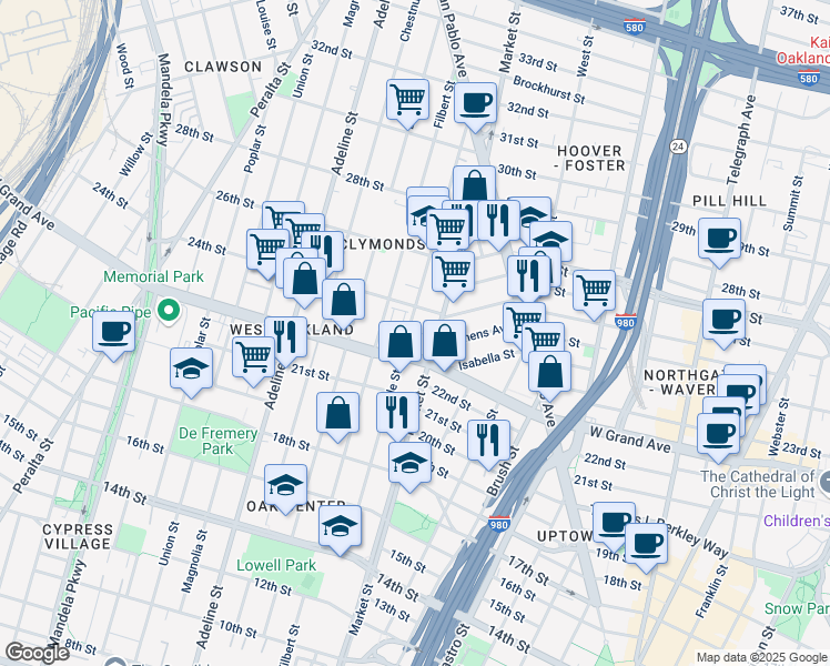 map of restaurants, bars, coffee shops, grocery stores, and more near 2300A Market Street in Oakland