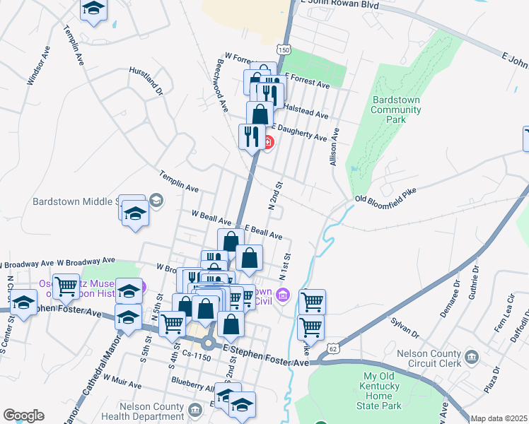 map of restaurants, bars, coffee shops, grocery stores, and more near 108 East Beall Avenue in Bardstown