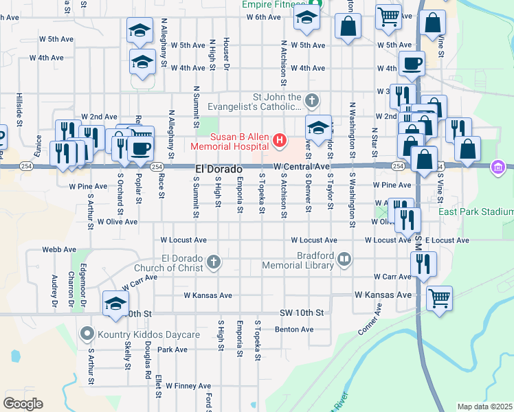 map of restaurants, bars, coffee shops, grocery stores, and more near 301-399 South Topeka Street in El Dorado