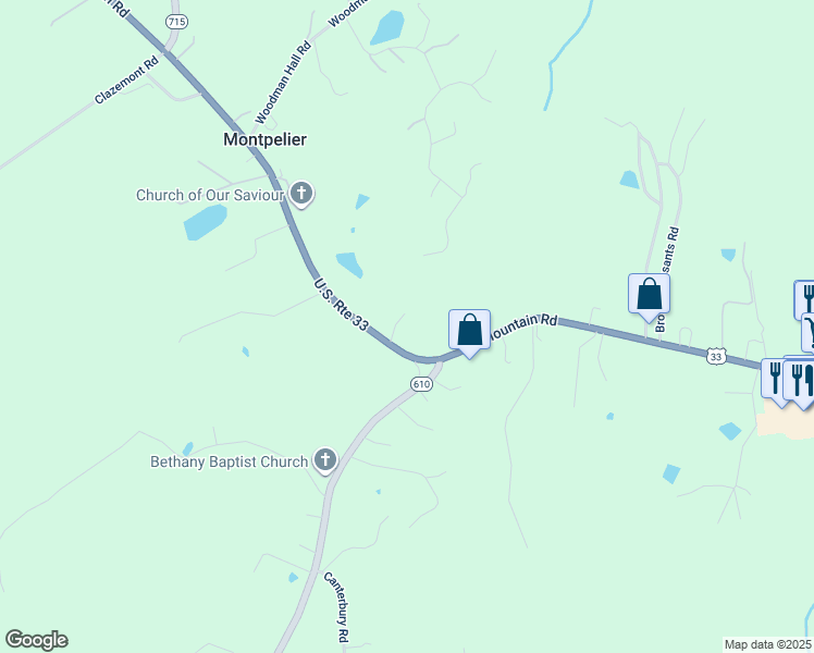 map of restaurants, bars, coffee shops, grocery stores, and more near 17004 Mountain Road in Montpelier