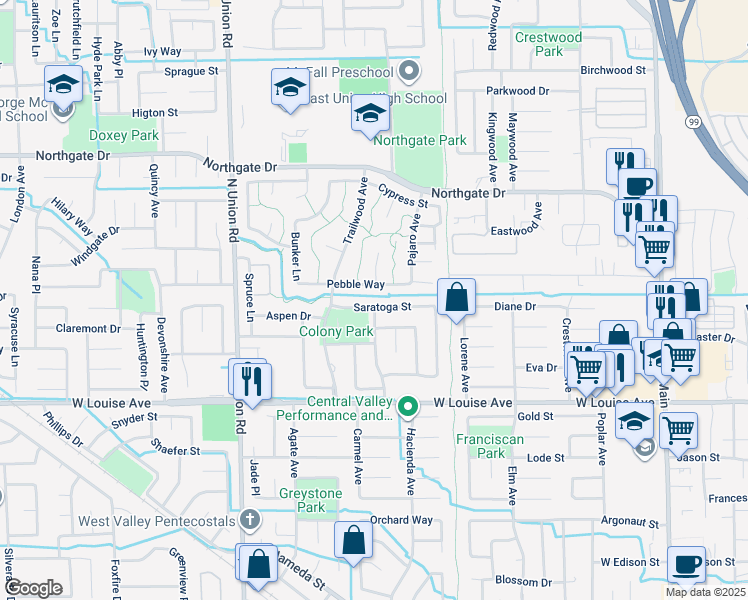 map of restaurants, bars, coffee shops, grocery stores, and more near 845 Saratoga Street in Manteca