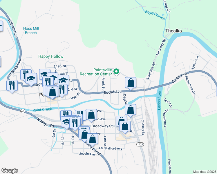 map of restaurants, bars, coffee shops, grocery stores, and more near 313 Euclid Avenue in Paintsville