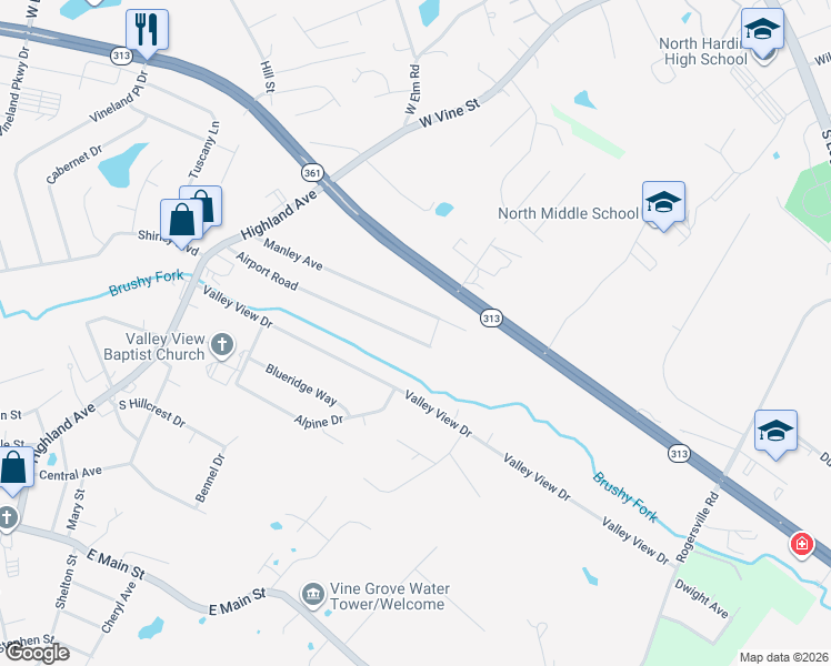 map of restaurants, bars, coffee shops, grocery stores, and more near 208 Airport Rd. in Vine Grove