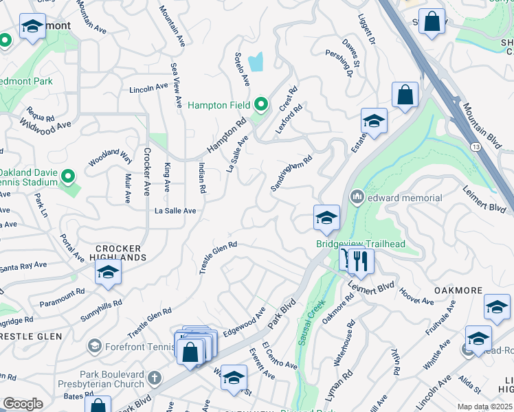 map of restaurants, bars, coffee shops, grocery stores, and more near 1 Cambrian Avenue in Piedmont