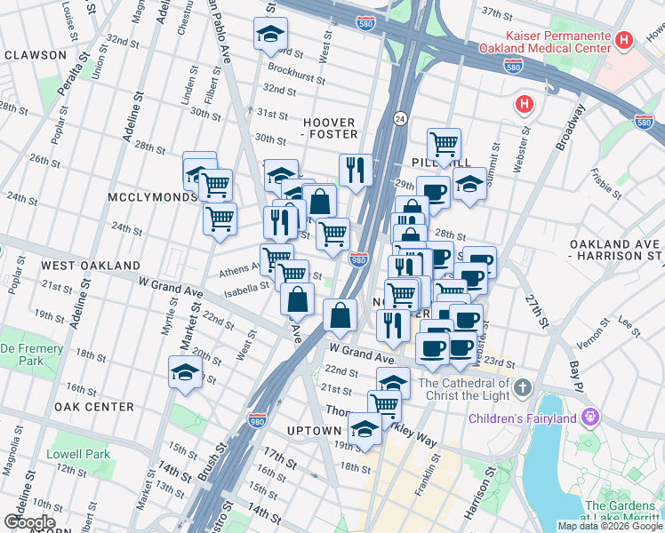 map of restaurants, bars, coffee shops, grocery stores, and more near 2523 Martin Luther King Junior Way in Oakland