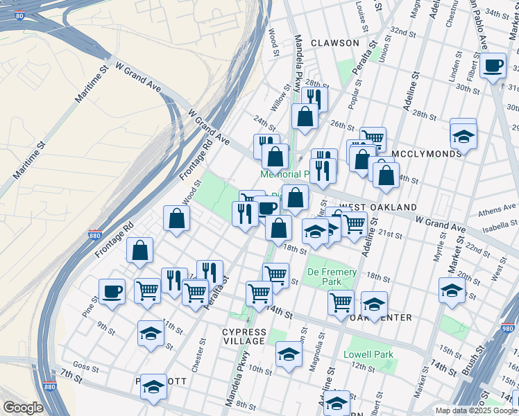 map of restaurants, bars, coffee shops, grocery stores, and more near 1933 Peralta Street in Oakland