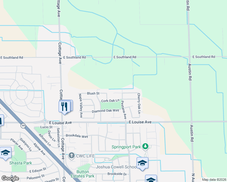 map of restaurants, bars, coffee shops, grocery stores, and more near 1860 Pin Oak Court in Manteca