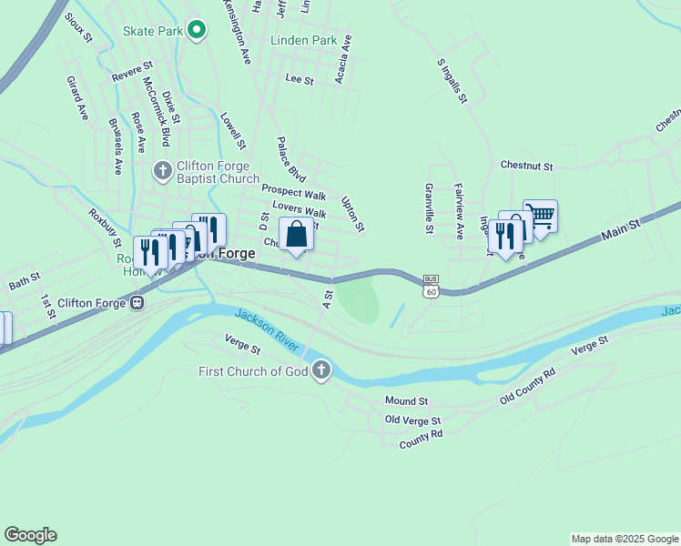map of restaurants, bars, coffee shops, grocery stores, and more near 1006 Main Street in Clifton Forge