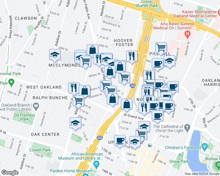 map of restaurants, bars, coffee shops, grocery stores, and more near 734 25th Street in Oakland
