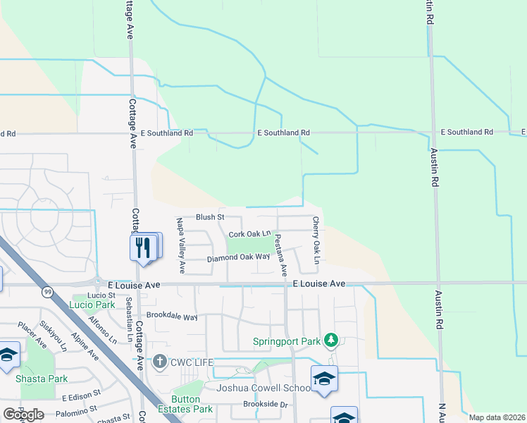 map of restaurants, bars, coffee shops, grocery stores, and more near 1847 Pin Oak Court in Manteca