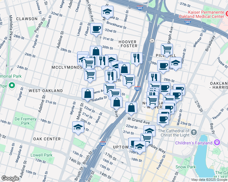 map of restaurants, bars, coffee shops, grocery stores, and more near 734 25th Street in Oakland