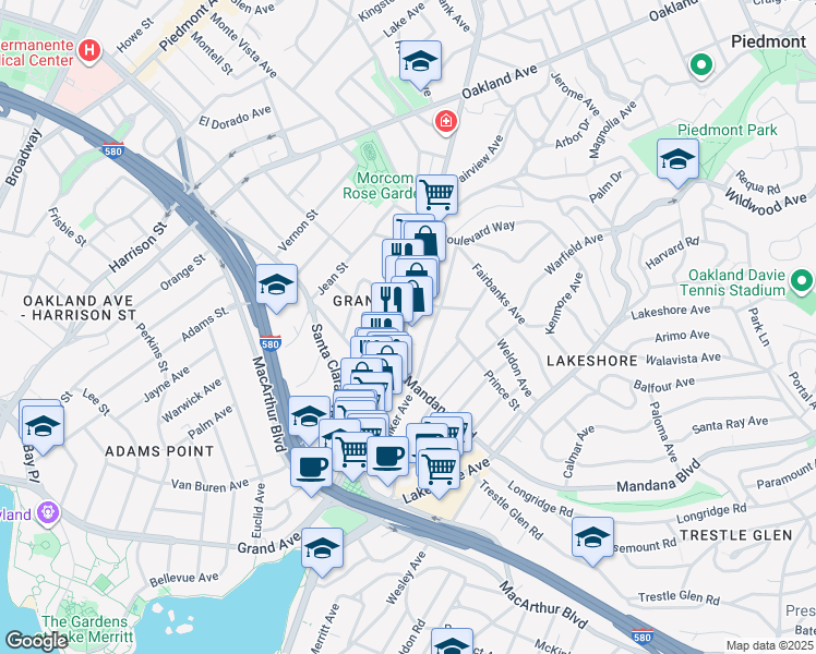 map of restaurants, bars, coffee shops, grocery stores, and more near in Oakland