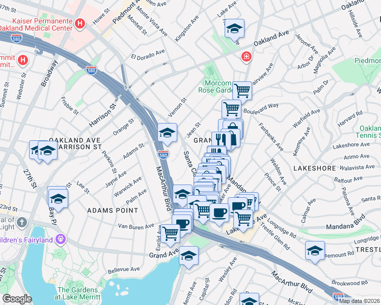map of restaurants, bars, coffee shops, grocery stores, and more near in Oakland