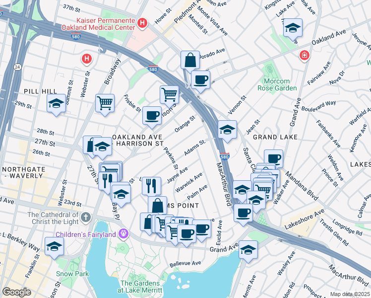 map of restaurants, bars, coffee shops, grocery stores, and more near 380 Adams Street in Oakland