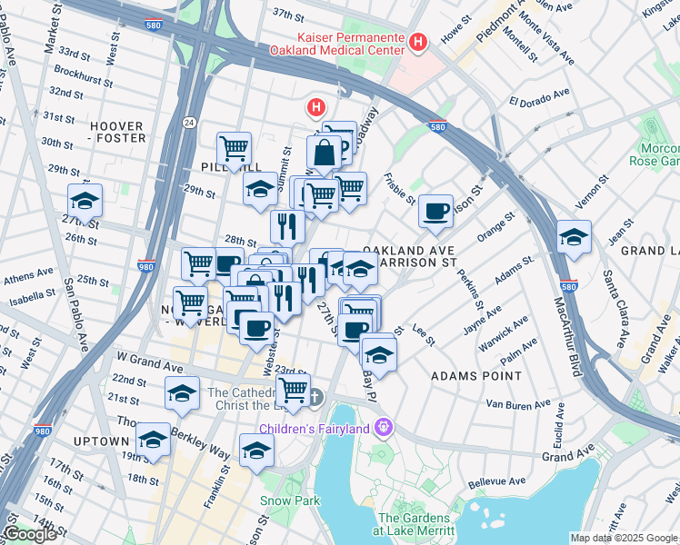 map of restaurants, bars, coffee shops, grocery stores, and more near 296 27th Street in Oakland