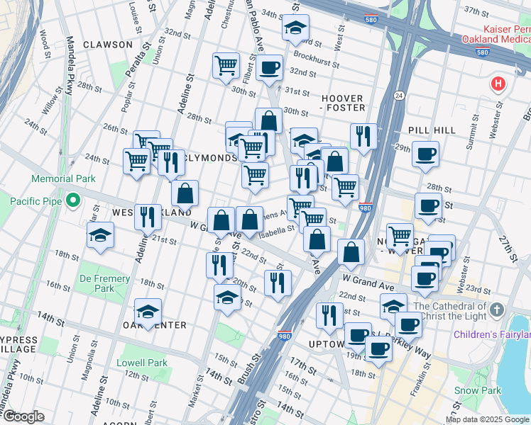 map of restaurants, bars, coffee shops, grocery stores, and more near 863 Athens Avenue in Oakland