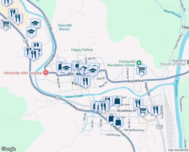 map of restaurants, bars, coffee shops, grocery stores, and more near 200-298 2nd St in Paintsville