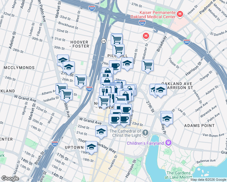 map of restaurants, bars, coffee shops, grocery stores, and more near 2600 Telegraph Avenue in Oakland
