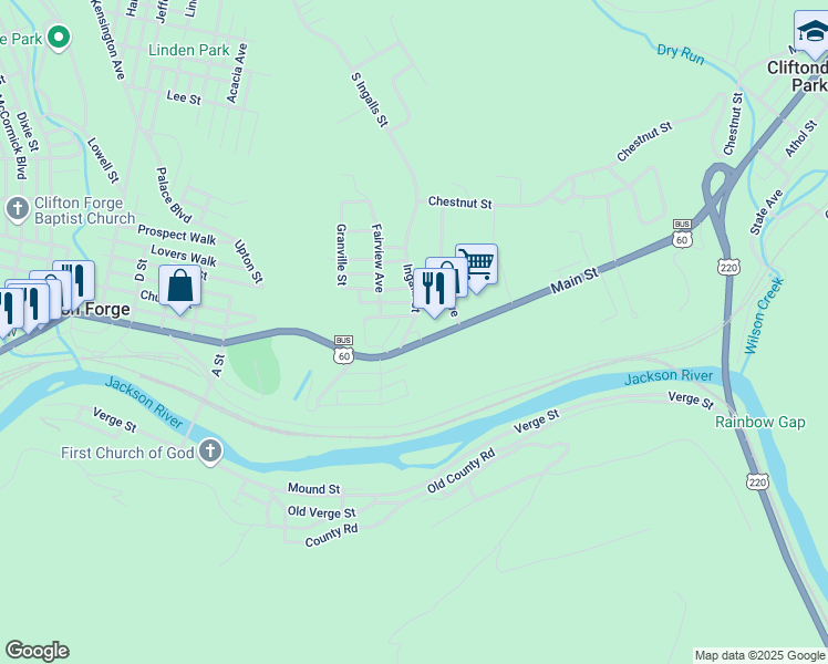 map of restaurants, bars, coffee shops, grocery stores, and more near Camden Street in Clifton Forge