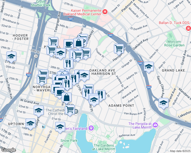 map of restaurants, bars, coffee shops, grocery stores, and more near 55 Fairmount Avenue in Oakland