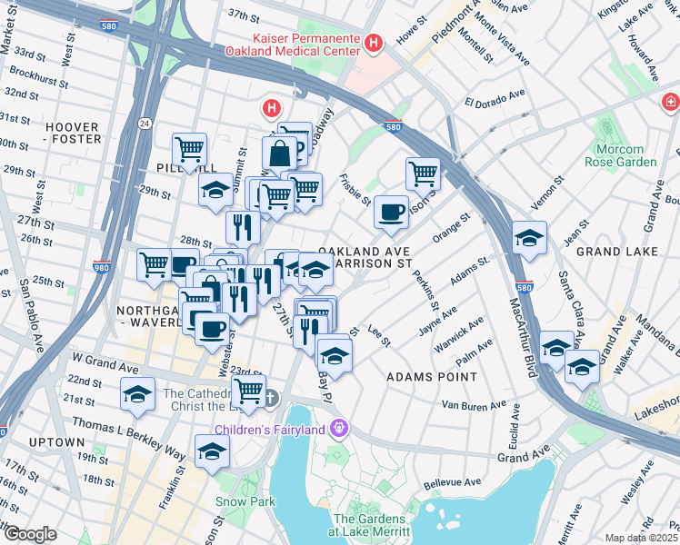 map of restaurants, bars, coffee shops, grocery stores, and more near 55 Fairmount Avenue in Oakland