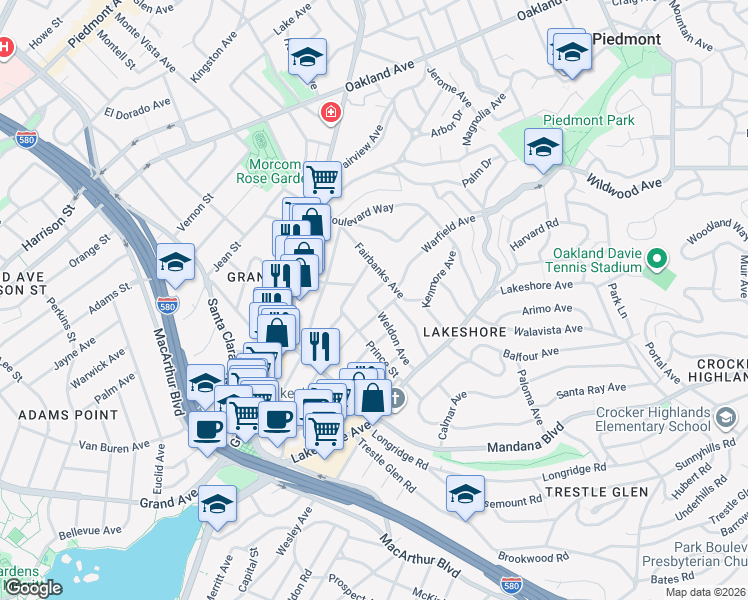 map of restaurants, bars, coffee shops, grocery stores, and more near 950 Scott Street in Oakland