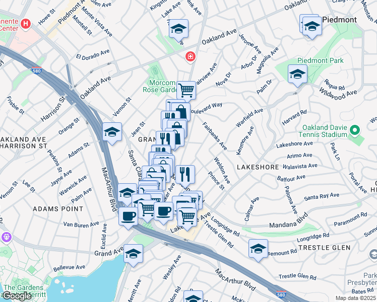 map of restaurants, bars, coffee shops, grocery stores, and more near 876 Walker Avenue in Oakland