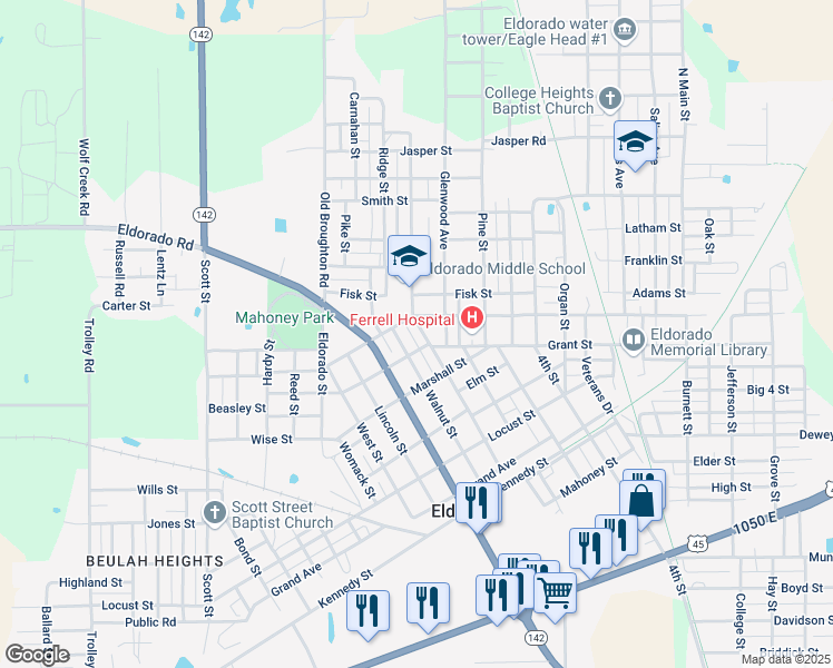 map of restaurants, bars, coffee shops, grocery stores, and more near 1300-1312 Walnut Street in Eldorado