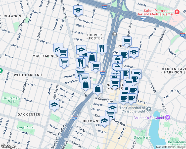 map of restaurants, bars, coffee shops, grocery stores, and more near 677 Sycamore Street in Oakland