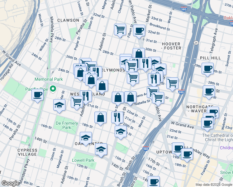 map of restaurants, bars, coffee shops, grocery stores, and more near 986 West Grand Avenue in Oakland