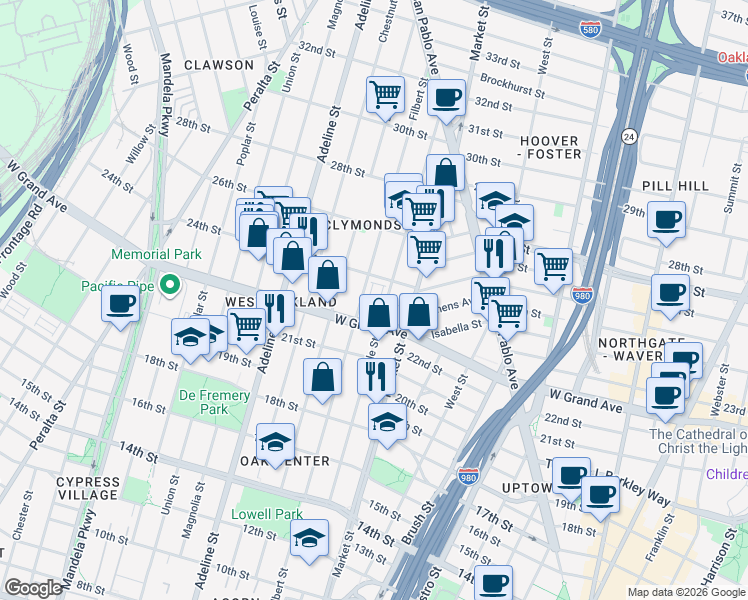 map of restaurants, bars, coffee shops, grocery stores, and more near 956 West Grand Avenue in Oakland