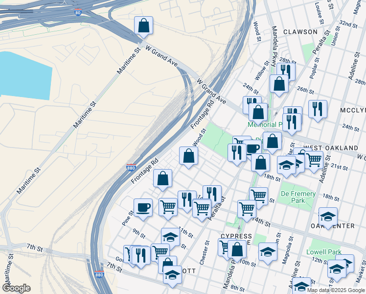 map of restaurants, bars, coffee shops, grocery stores, and more near 1405 Wood Street in Oakland