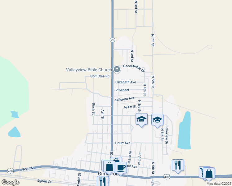 map of restaurants, bars, coffee shops, grocery stores, and more near 131-249 Hillcrest Ave in Cimarron