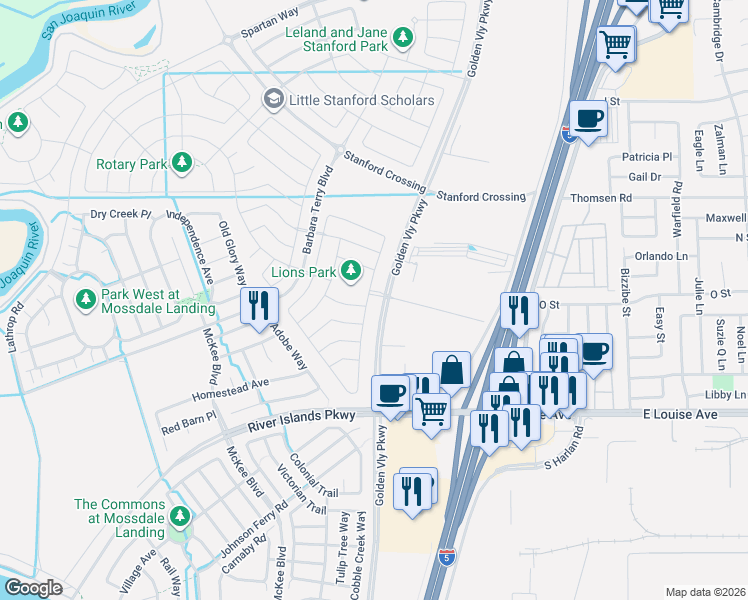 map of restaurants, bars, coffee shops, grocery stores, and more near 16101 Golden Valley Parkway in Lathrop