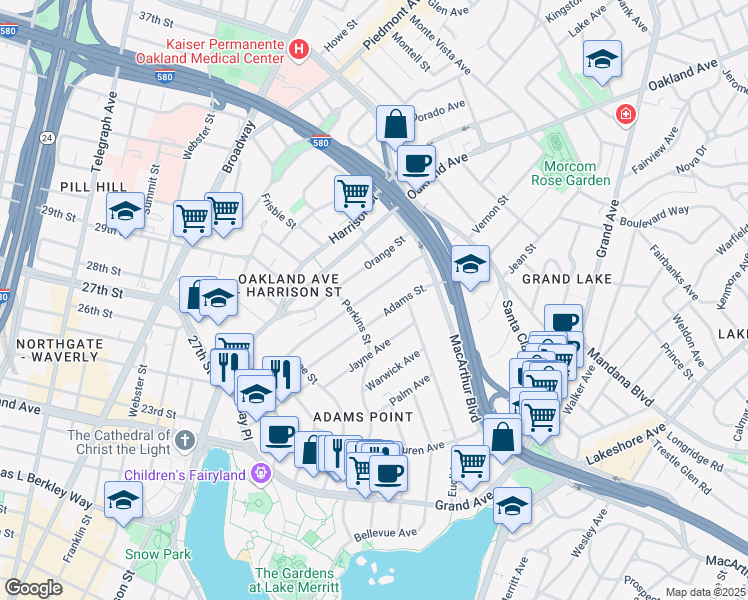 map of restaurants, bars, coffee shops, grocery stores, and more near 380 Adams Street in Oakland