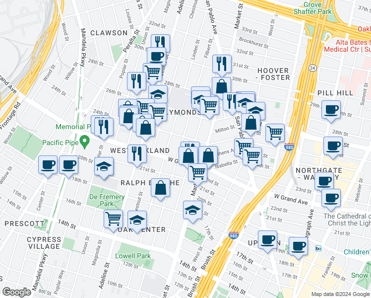 map of restaurants, bars, coffee shops, grocery stores, and more near 956 West Grand Avenue in Oakland