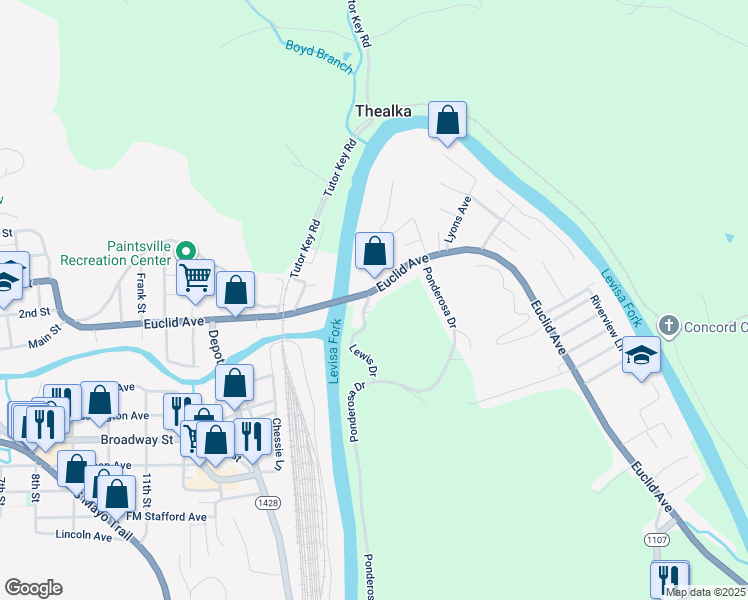 map of restaurants, bars, coffee shops, grocery stores, and more near Lewis Drive in Paintsville