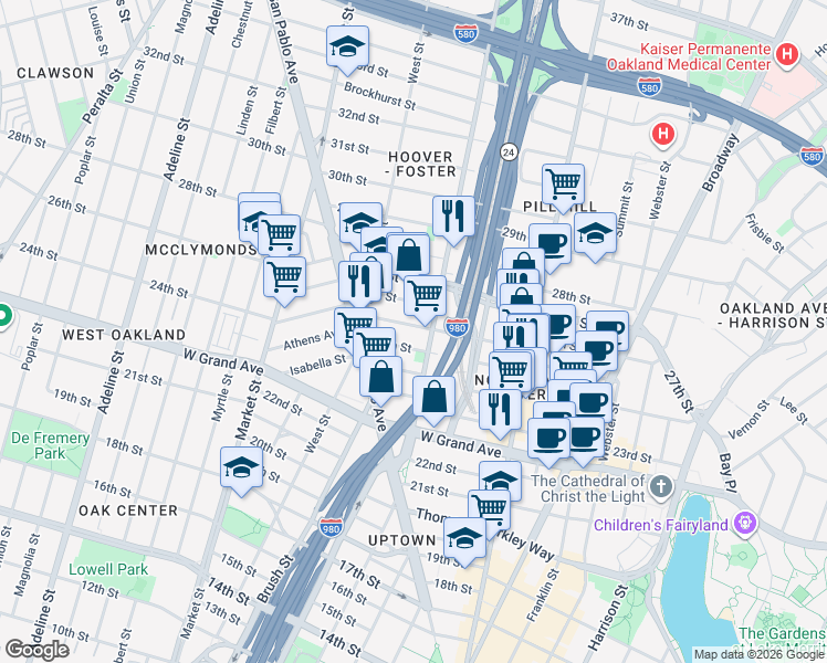 map of restaurants, bars, coffee shops, grocery stores, and more near 677 Sycamore Street in Oakland