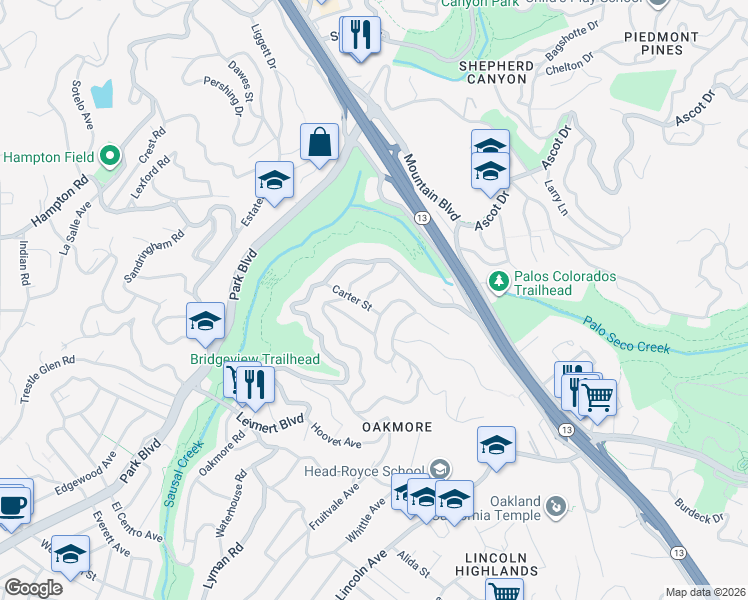 map of restaurants, bars, coffee shops, grocery stores, and more near 1817 Rosecrest Drive in Oakland