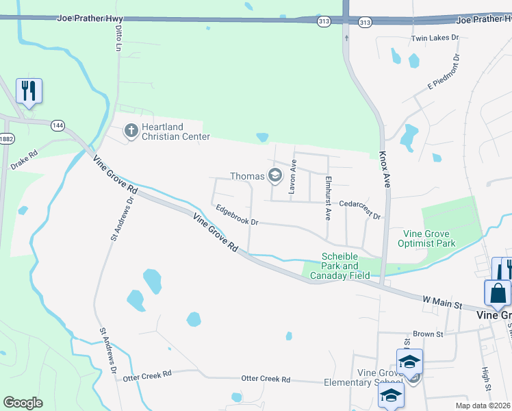 map of restaurants, bars, coffee shops, grocery stores, and more near 834 Edgebrook Drive in Vine Grove