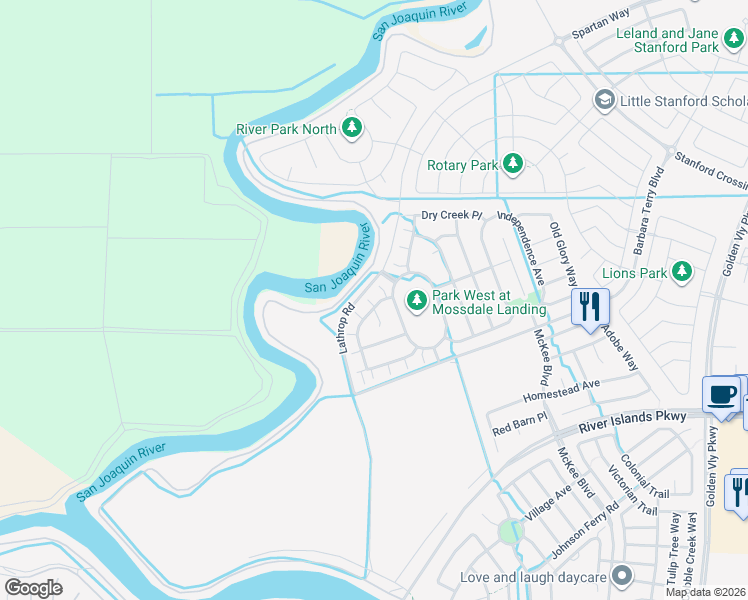 map of restaurants, bars, coffee shops, grocery stores, and more near 16144 Sweetwater Court in Lathrop