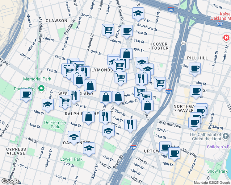 map of restaurants, bars, coffee shops, grocery stores, and more near 2335 Market Street in Oakland