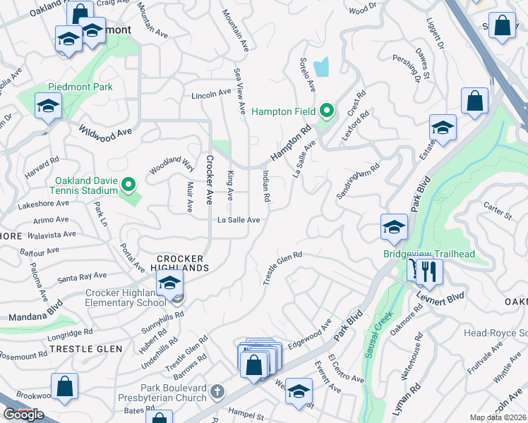 map of restaurants, bars, coffee shops, grocery stores, and more near 191 Indian Road in Piedmont