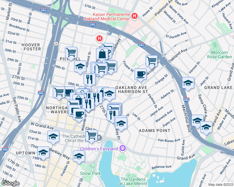 map of restaurants, bars, coffee shops, grocery stores, and more near 75 Hamilton Place in Oakland