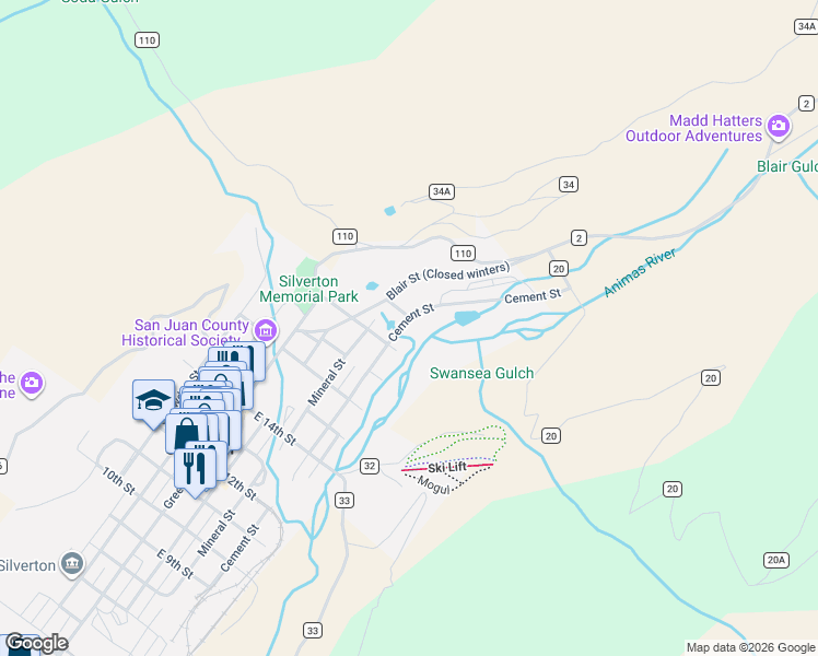 map of restaurants, bars, coffee shops, grocery stores, and more near 1860 Cement Street in Silverton